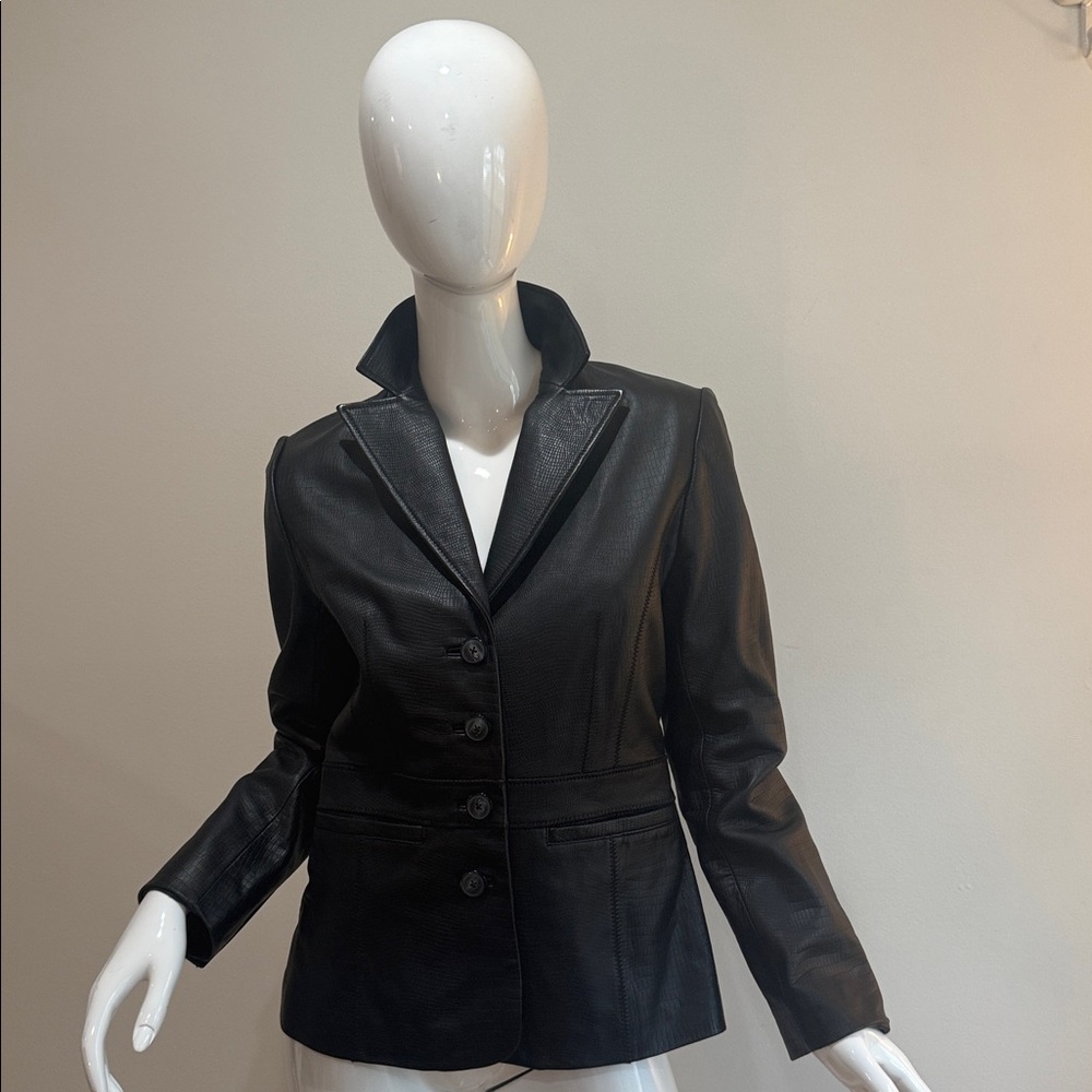 Vtg 90s Genuine Leather Womens Classic Button Front Blazer Jacket Croc Embossed